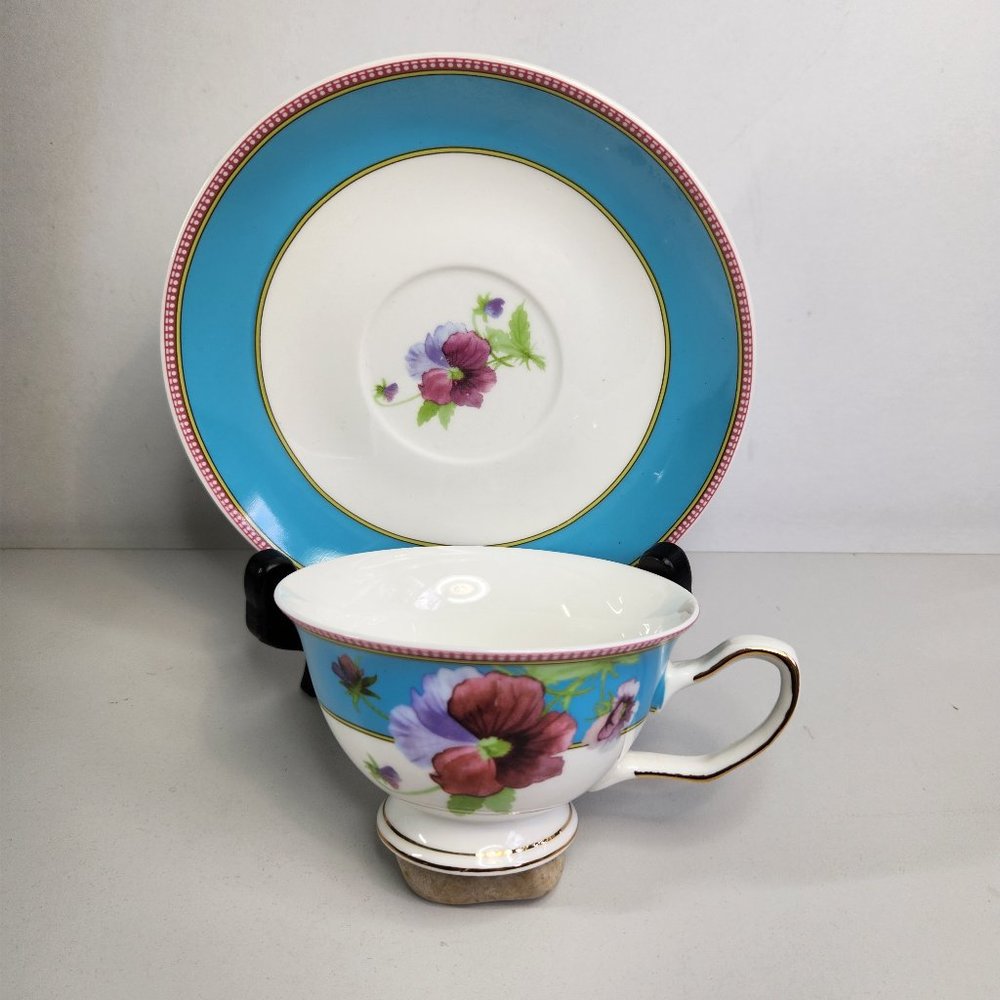 Vintage GRACE'S TEAWARE Blue Floral Cup and Saucer Set